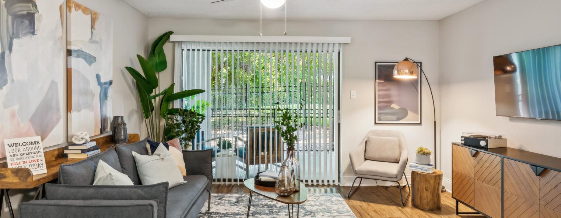 a living room with a large window